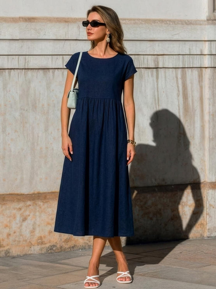 Capped-sleeve, Voluminous Pleated Midi Dress