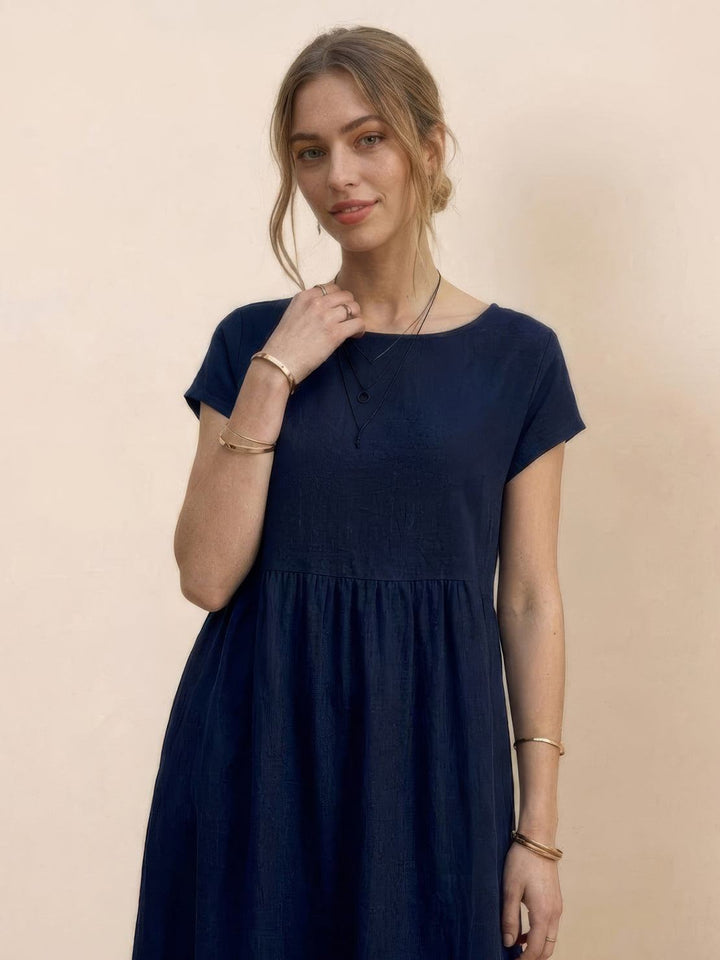 Capped-sleeve, Voluminous Pleated Midi Dress
