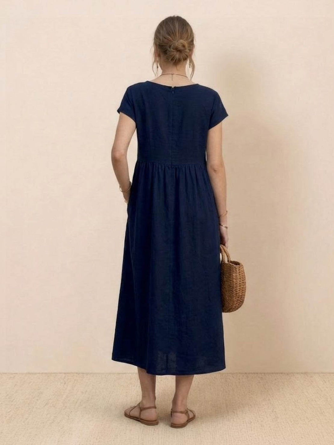 Capped-sleeve, Voluminous Pleated Midi Dress