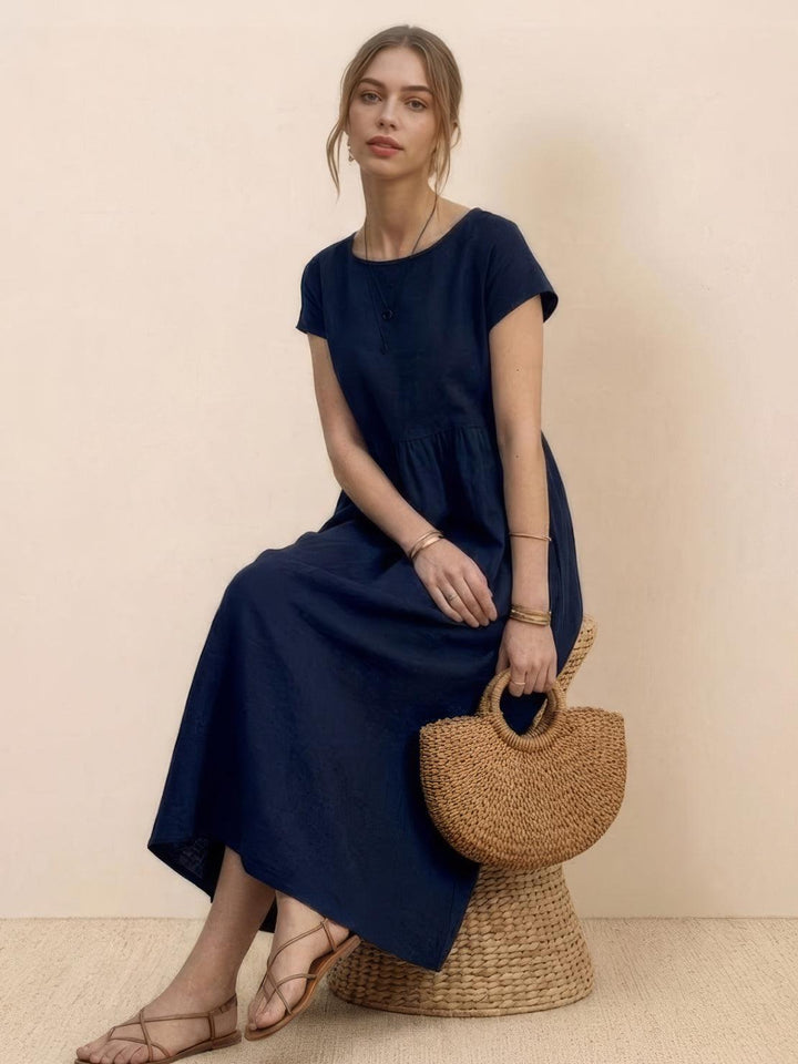 Capped-sleeve, Voluminous Pleated Midi Dress