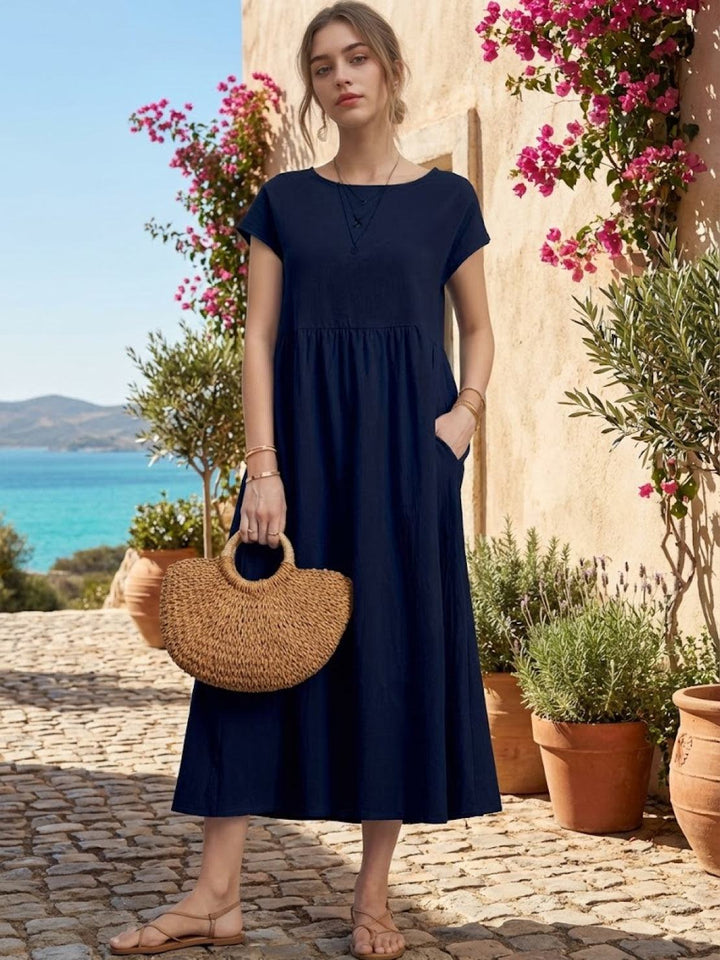Capped-sleeve, Voluminous Pleated Midi Dress