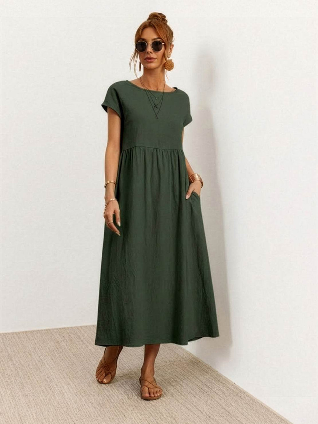 Capped-sleeve, Voluminous Pleated Midi Dress
