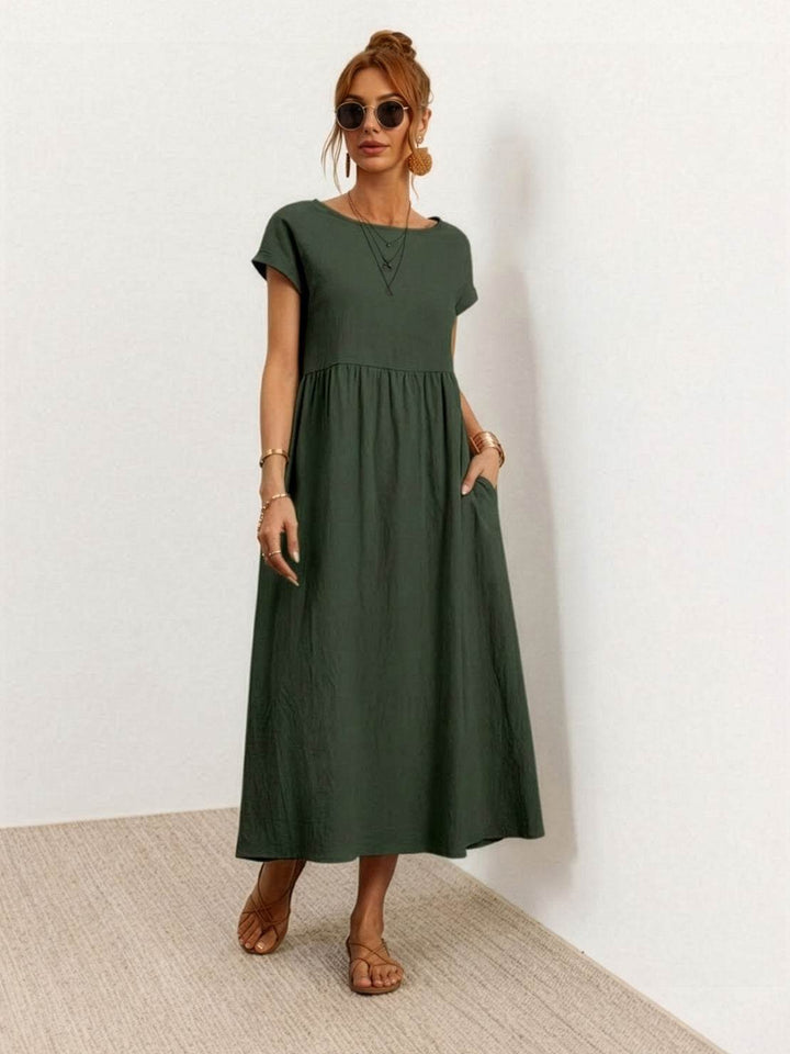 Capped-sleeve, Voluminous Pleated Midi Dress