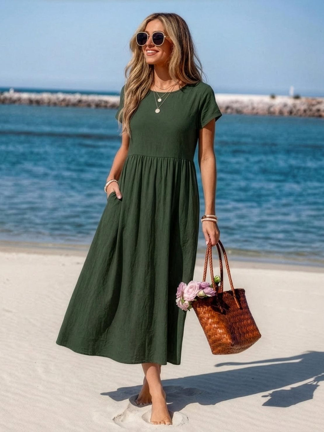 Capped-sleeve, Voluminous Pleated Midi Dress