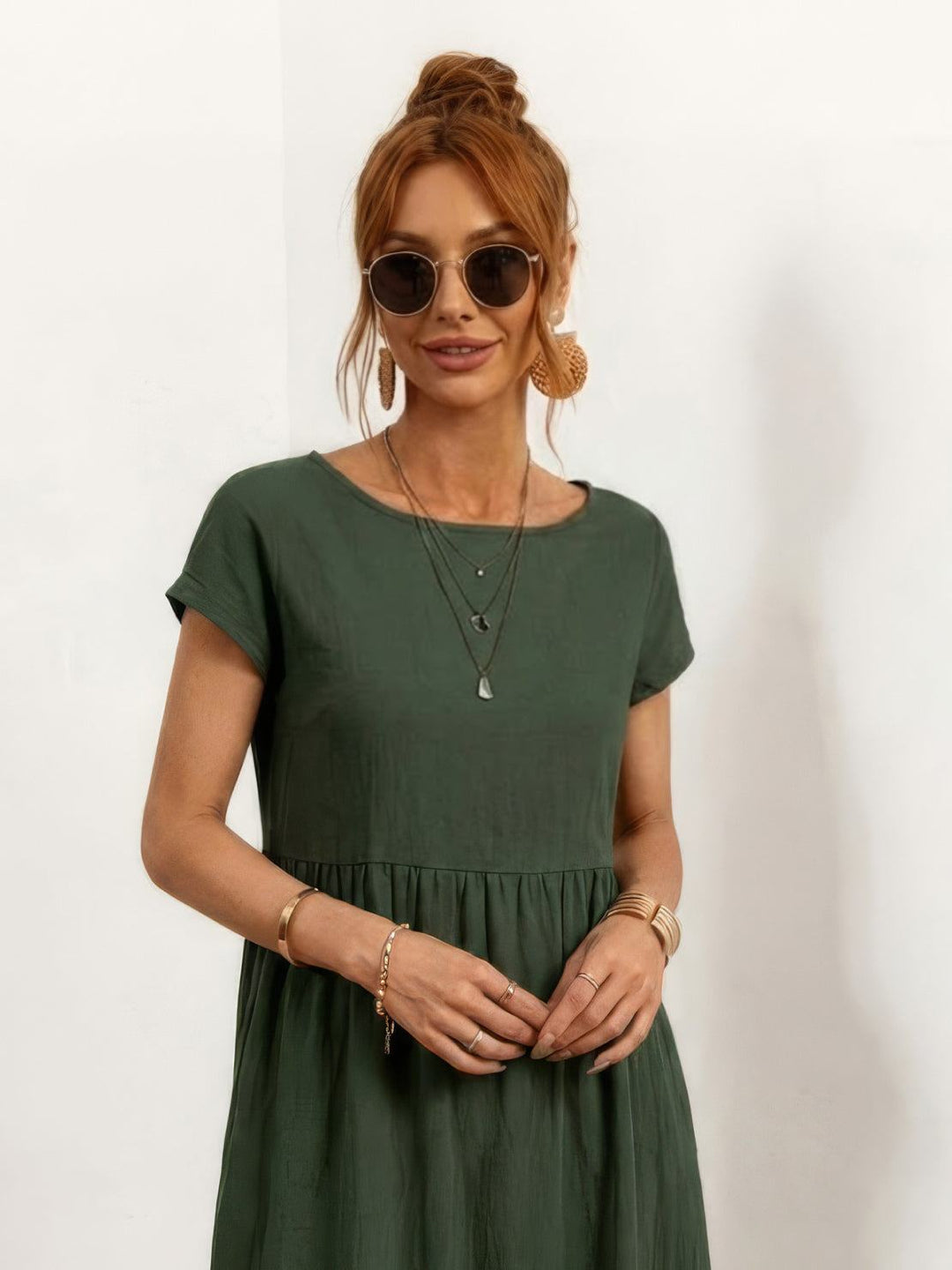 Capped-sleeve, Voluminous Pleated Midi Dress