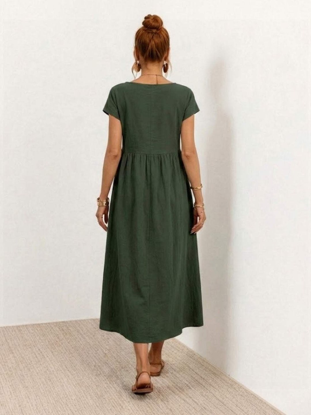 Capped-sleeve, Voluminous Pleated Midi Dress