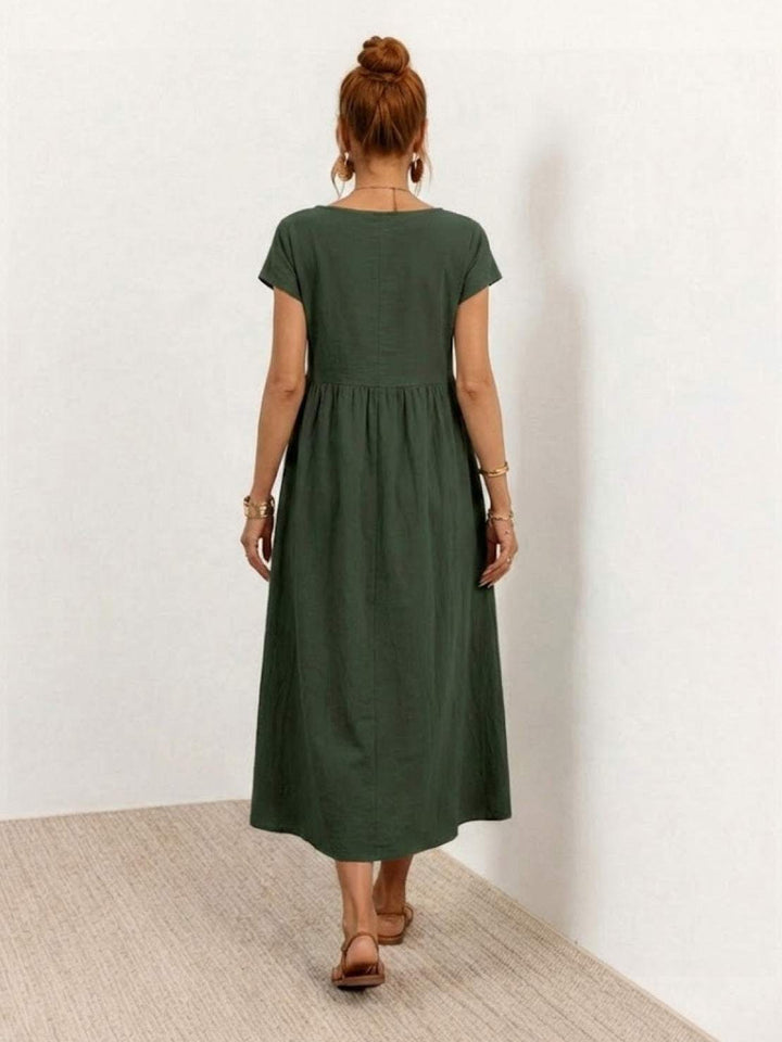 Capped-sleeve, Voluminous Pleated Midi Dress