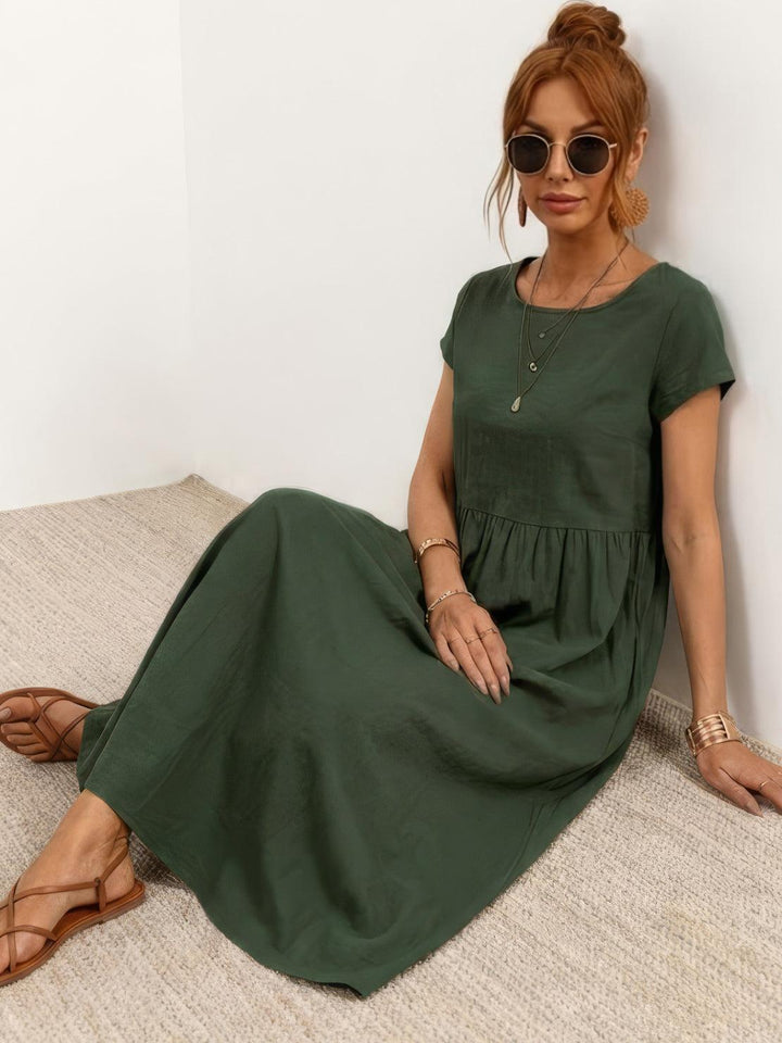 Capped-sleeve, Voluminous Pleated Midi Dress