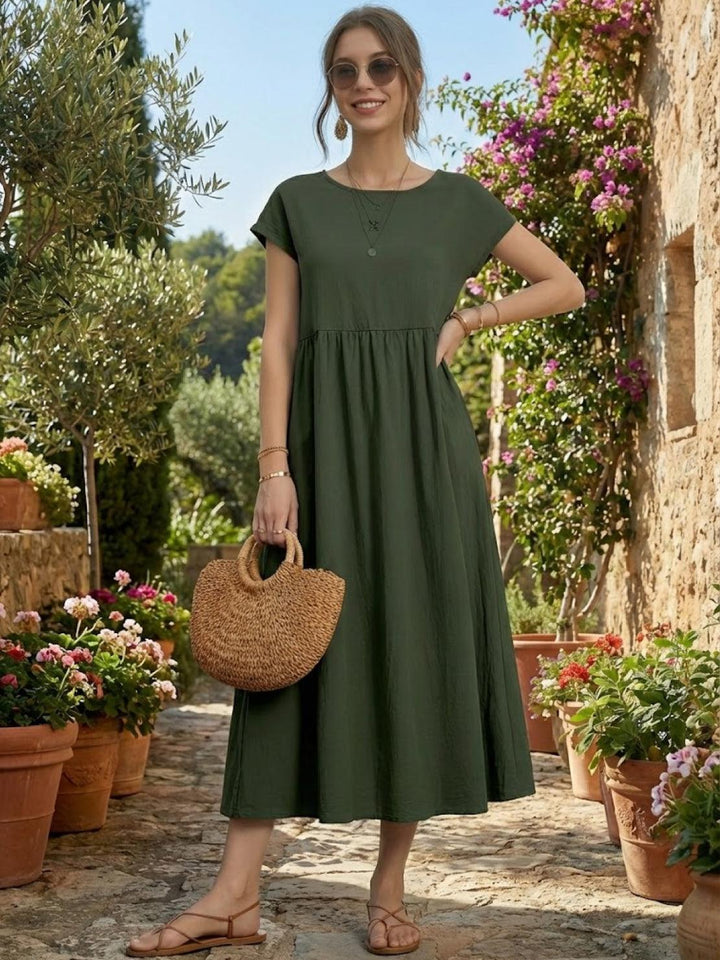 Capped-sleeve, Voluminous Pleated Midi Dress