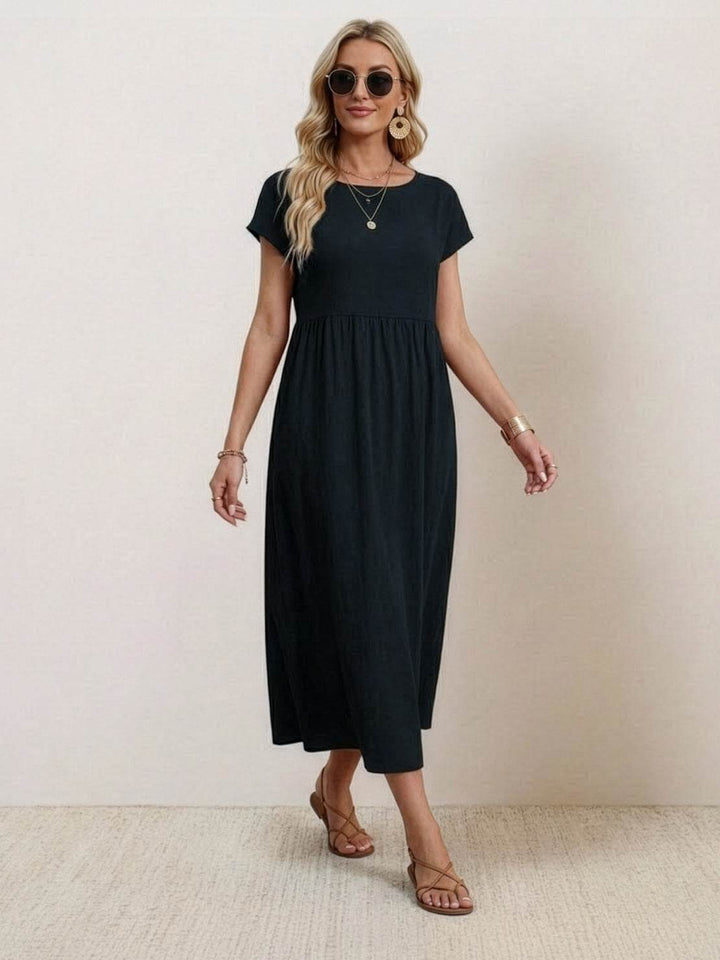 Capped-sleeve, Voluminous Pleated Midi Dress