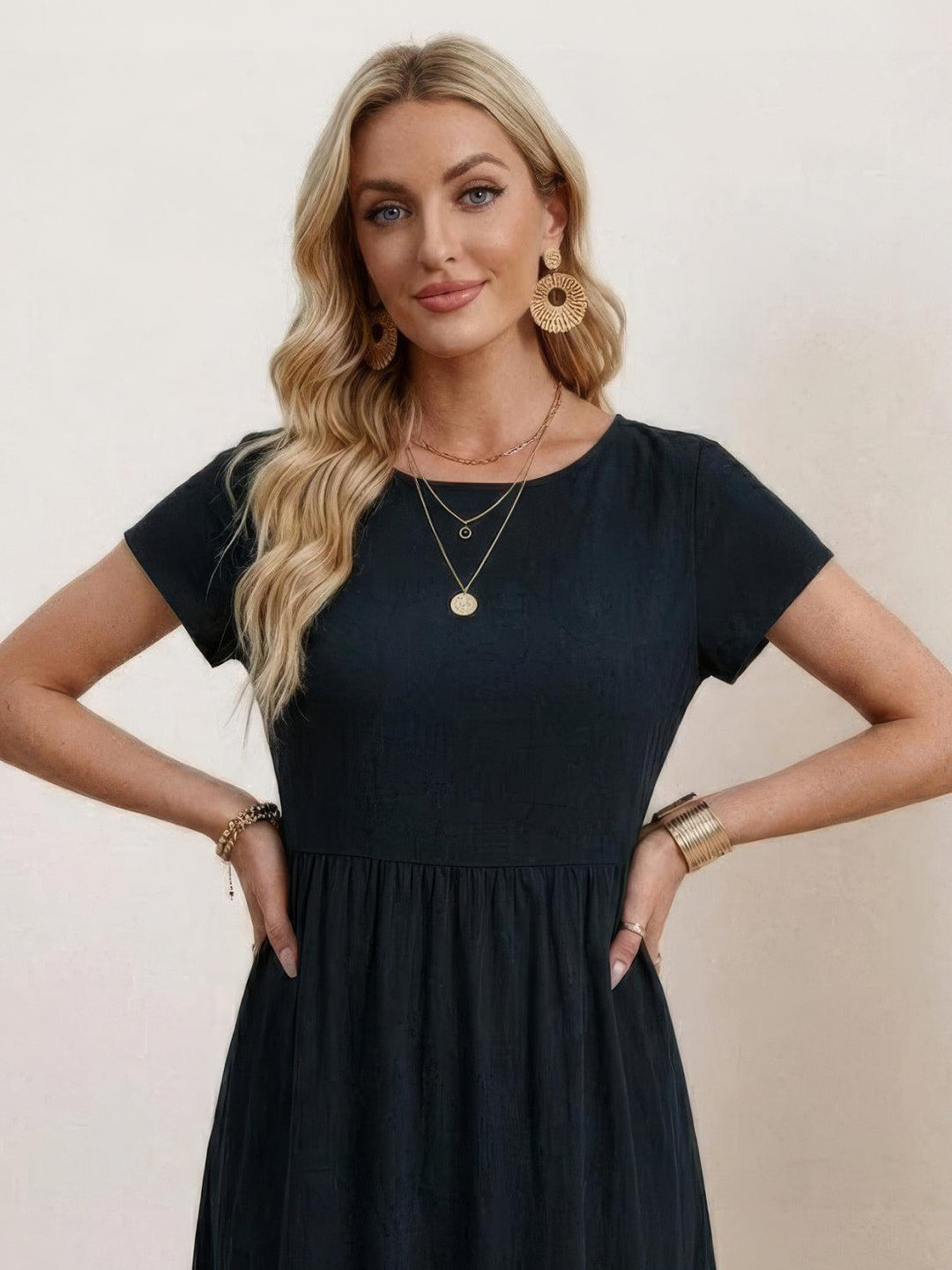 Capped-sleeve, Voluminous Pleated Midi Dress
