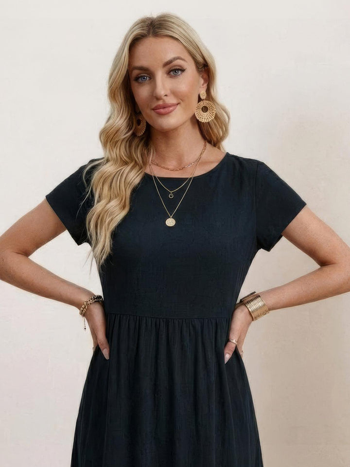 Capped-sleeve, Voluminous Pleated Midi Dress