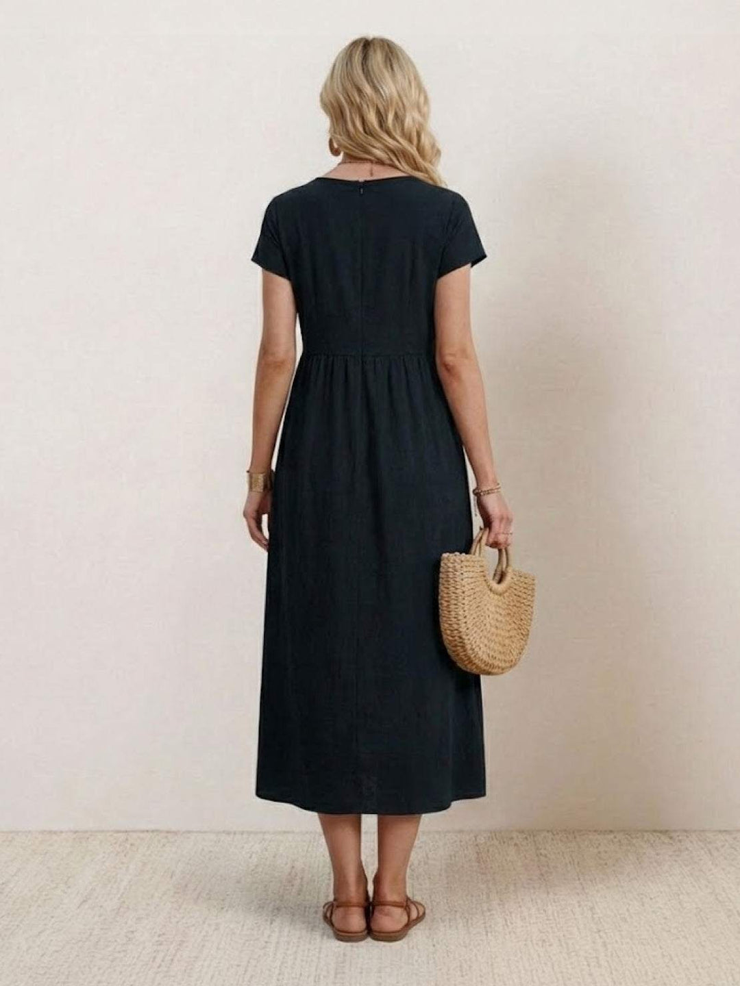 Capped-sleeve, Voluminous Pleated Midi Dress