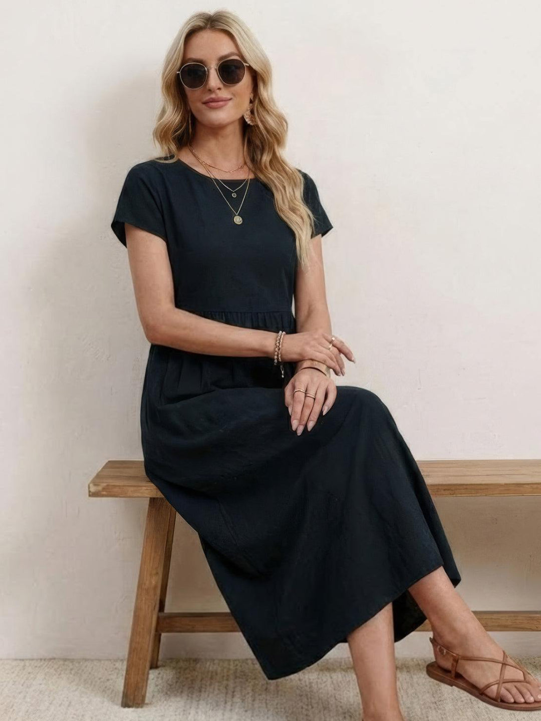 Capped-sleeve, Voluminous Pleated Midi Dress