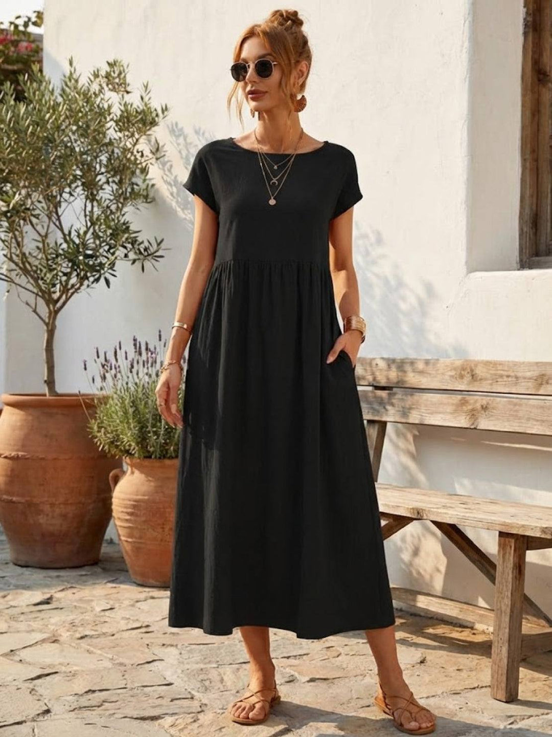 Capped-sleeve, Voluminous Pleated Midi Dress