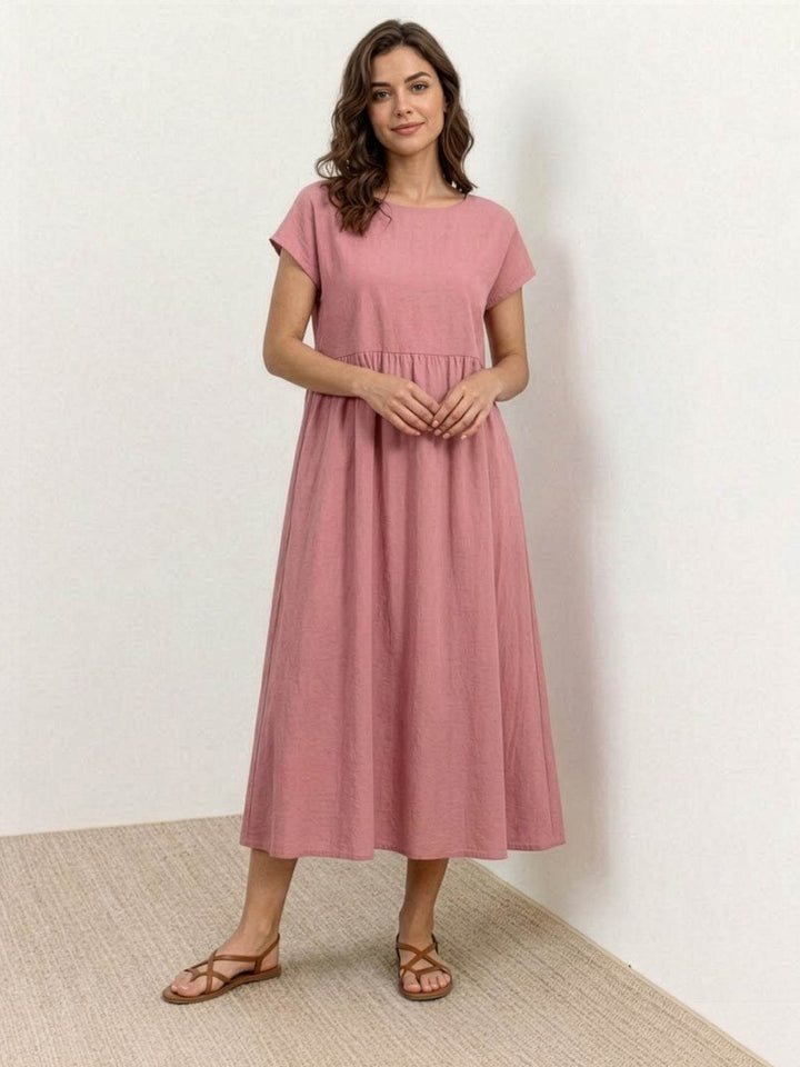 Capped-sleeve, Voluminous Pleated Midi Dress