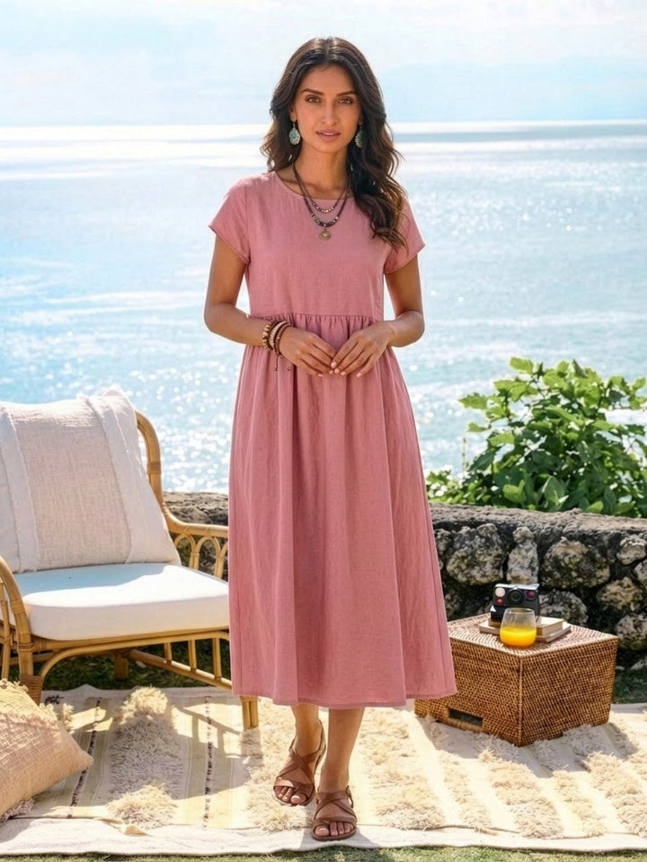 Capped-sleeve, Voluminous Pleated Midi Dress
