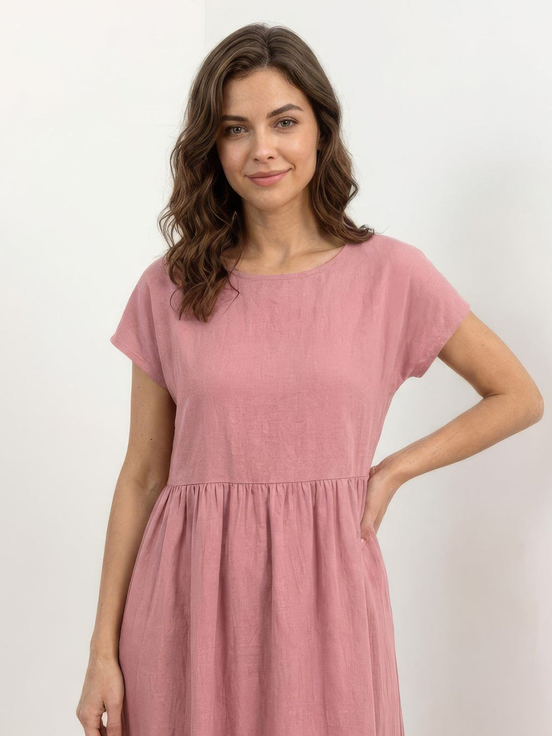 Capped-sleeve, Voluminous Pleated Midi Dress