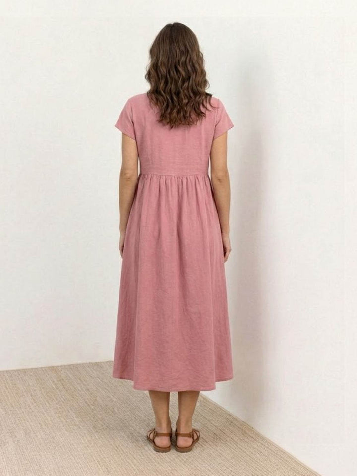 Capped-sleeve, Voluminous Pleated Midi Dress