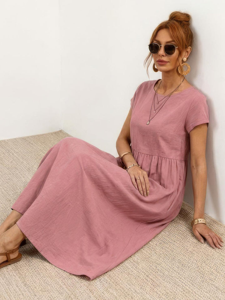 Capped-sleeve, Voluminous Pleated Midi Dress