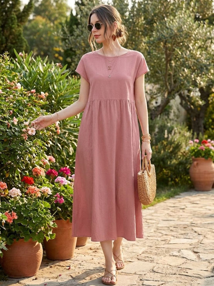 Capped-sleeve, Voluminous Pleated Midi Dress