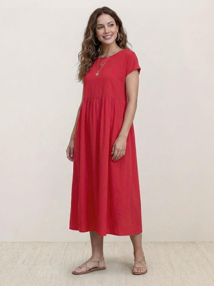 Capped-sleeve, Voluminous Pleated Midi Dress