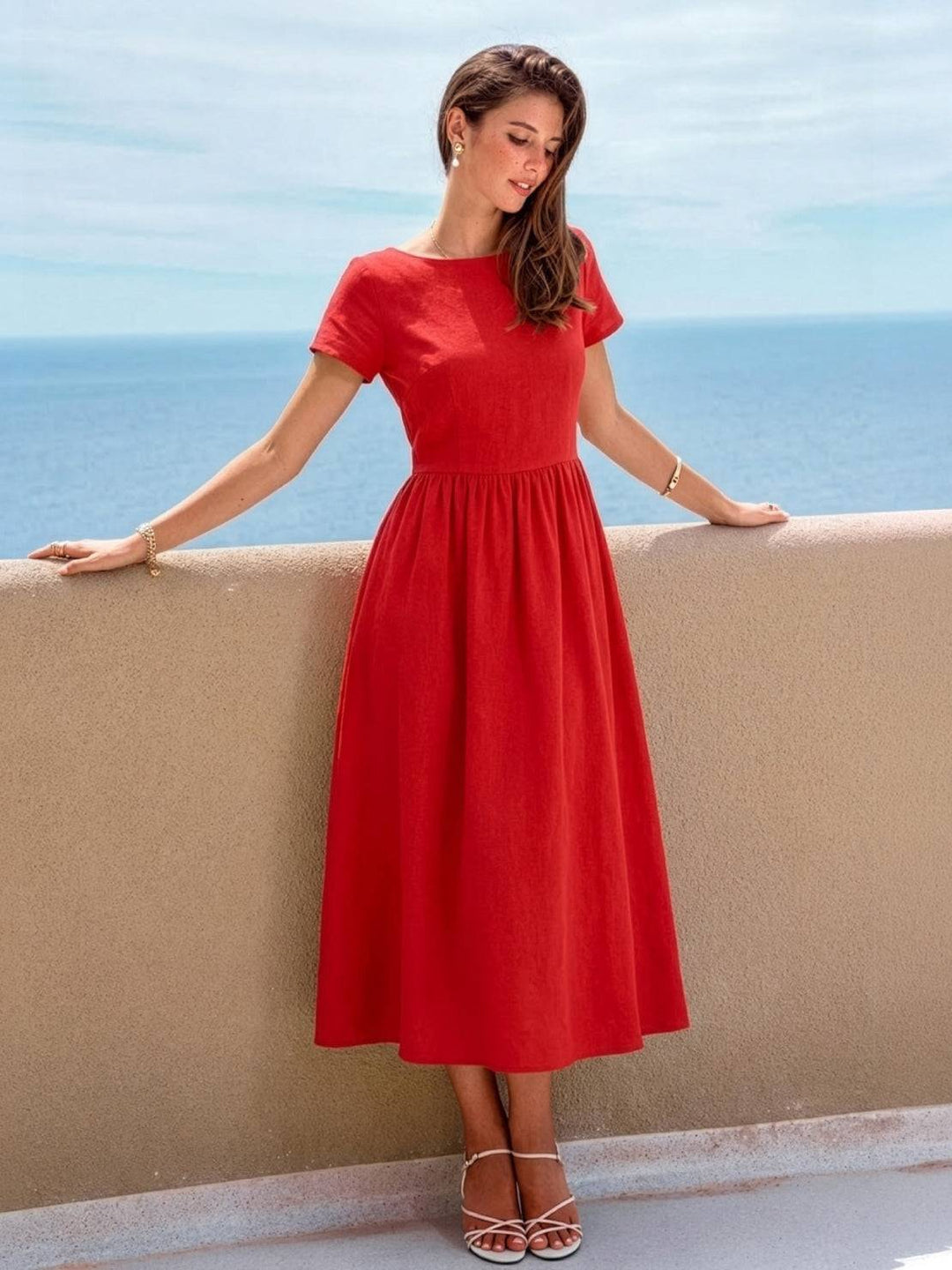 Capped-sleeve, Voluminous Pleated Midi Dress