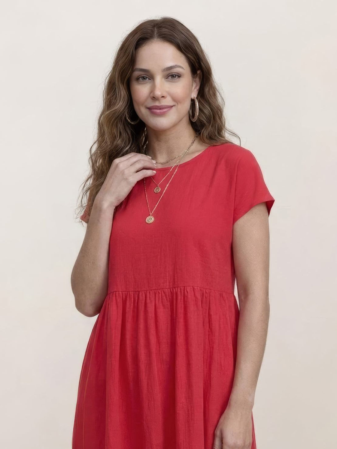 Capped-sleeve, Voluminous Pleated Midi Dress
