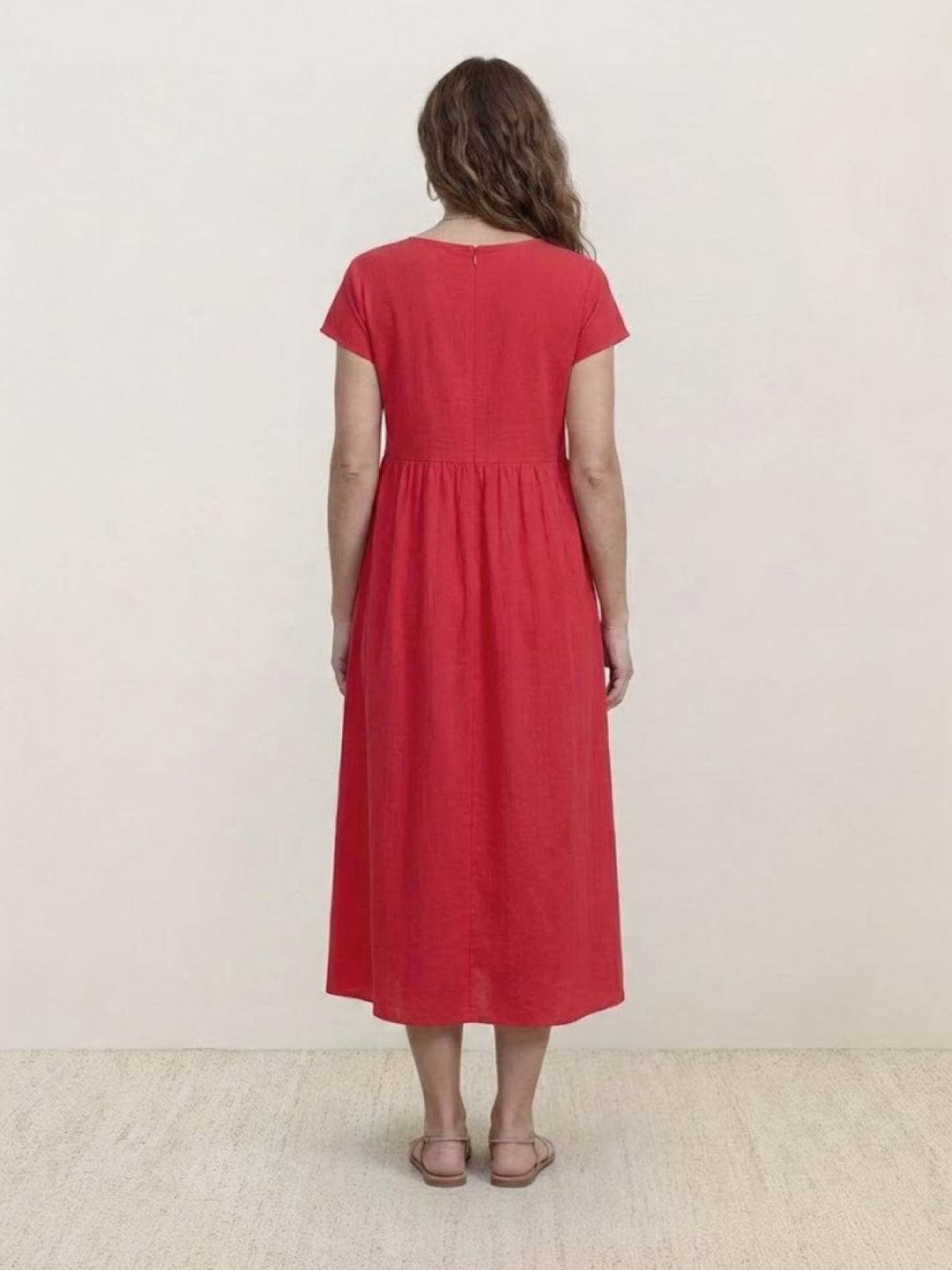 Capped-sleeve, Voluminous Pleated Midi Dress