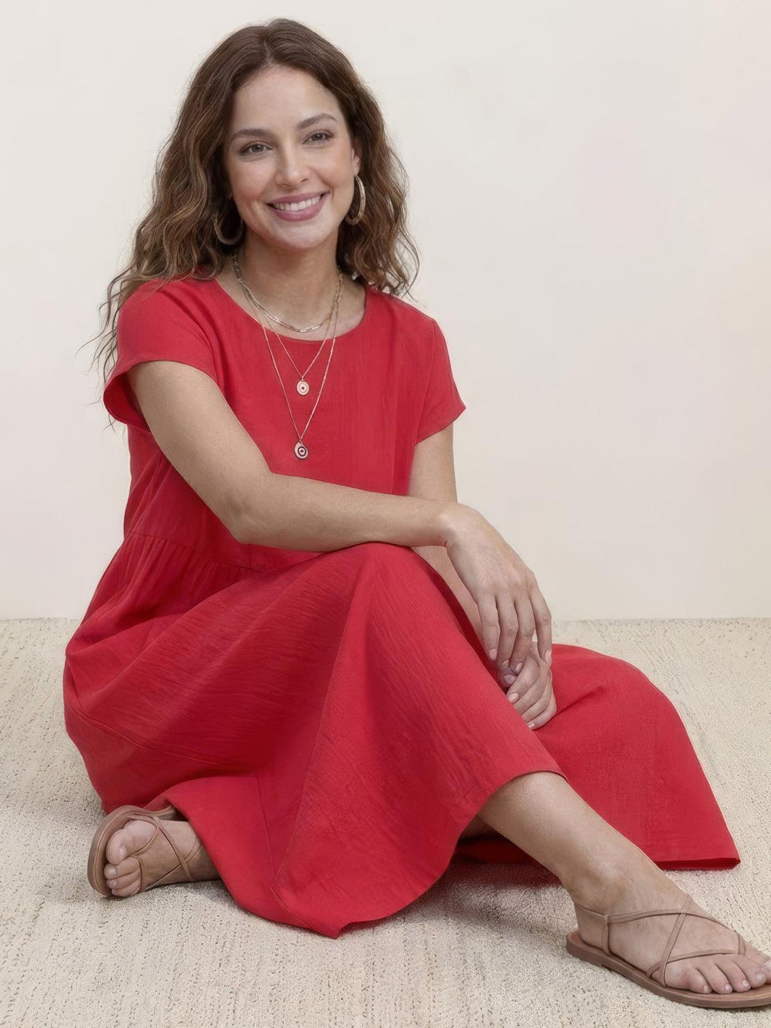 Capped-sleeve, Voluminous Pleated Midi Dress