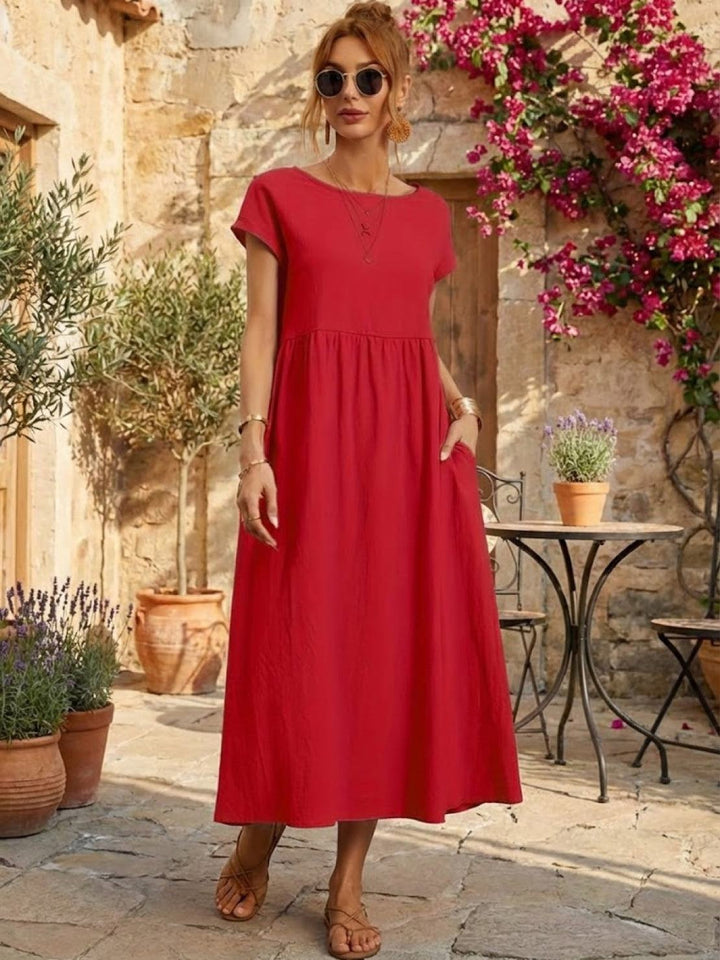 Capped-sleeve, Voluminous Pleated Midi Dress