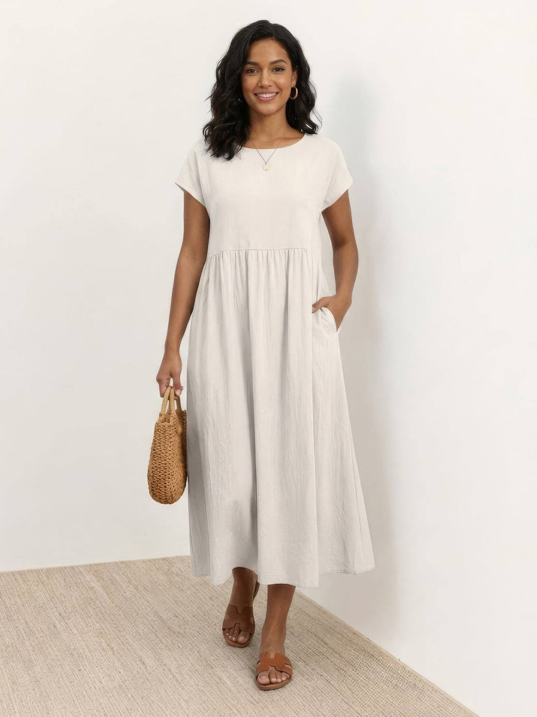 Capped-sleeve, Voluminous Pleated Midi Dress