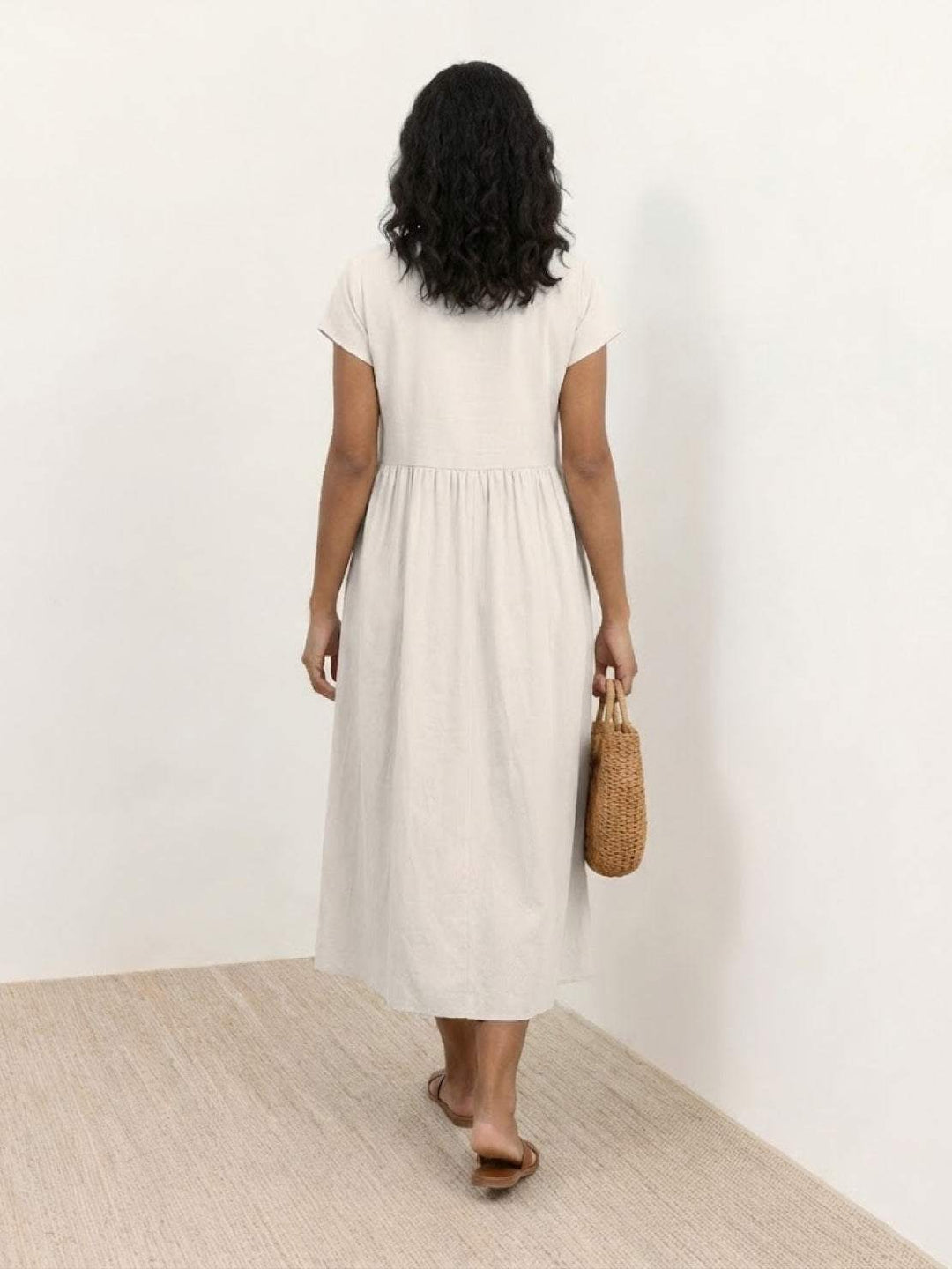 Capped-sleeve, Voluminous Pleated Midi Dress