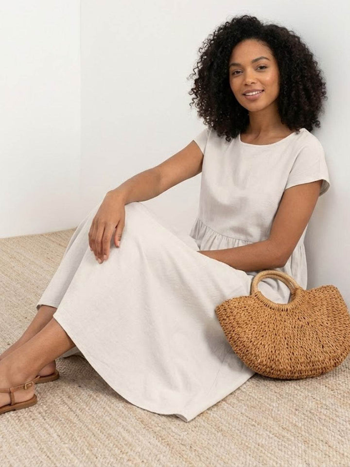 Capped-sleeve, Voluminous Pleated Midi Dress