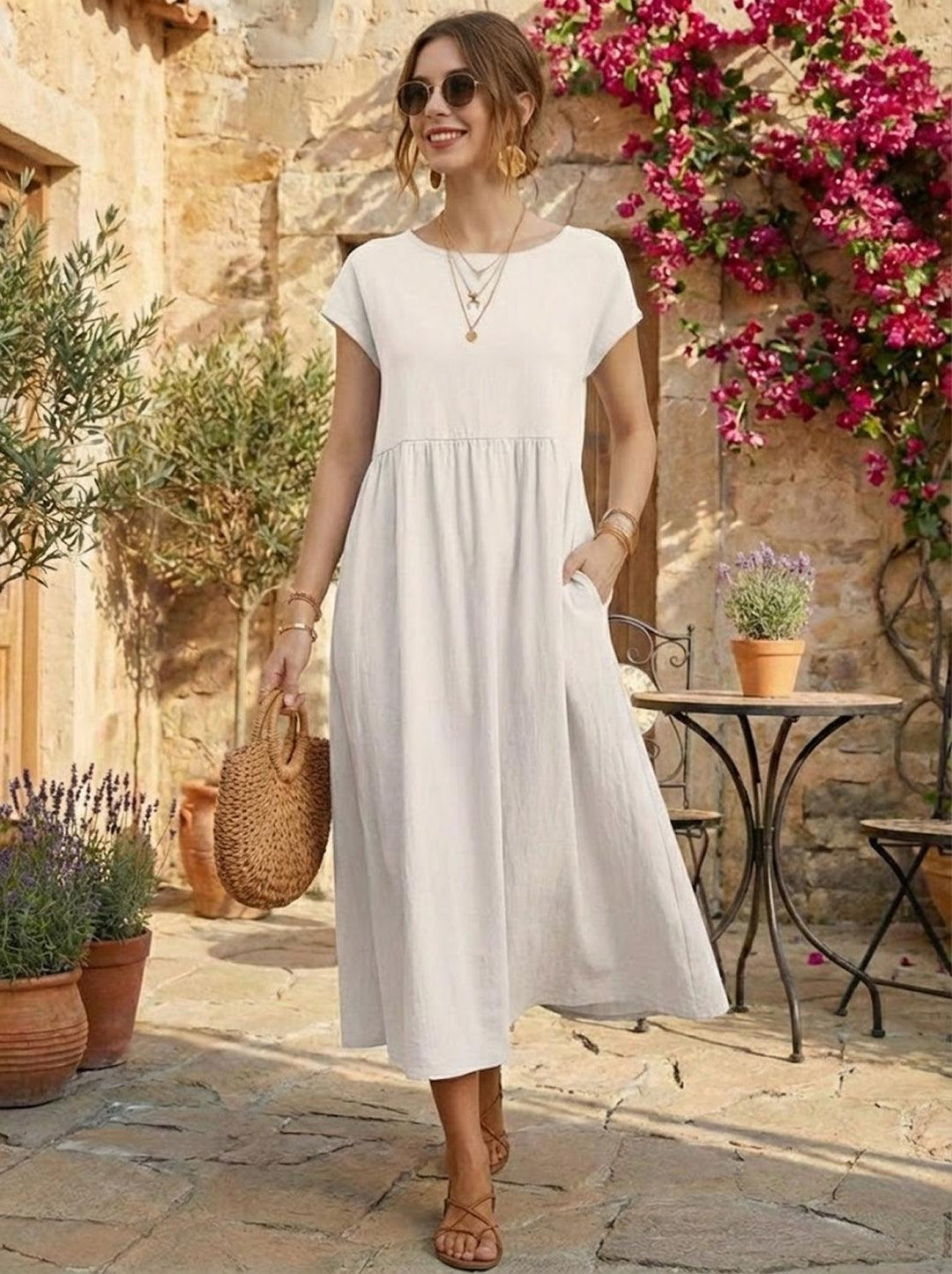 Capped-sleeve, Voluminous Pleated Midi Dress