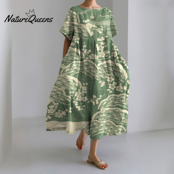 Japanese Art Plum Blossom Printed Crew Neck Casual Midi Dress