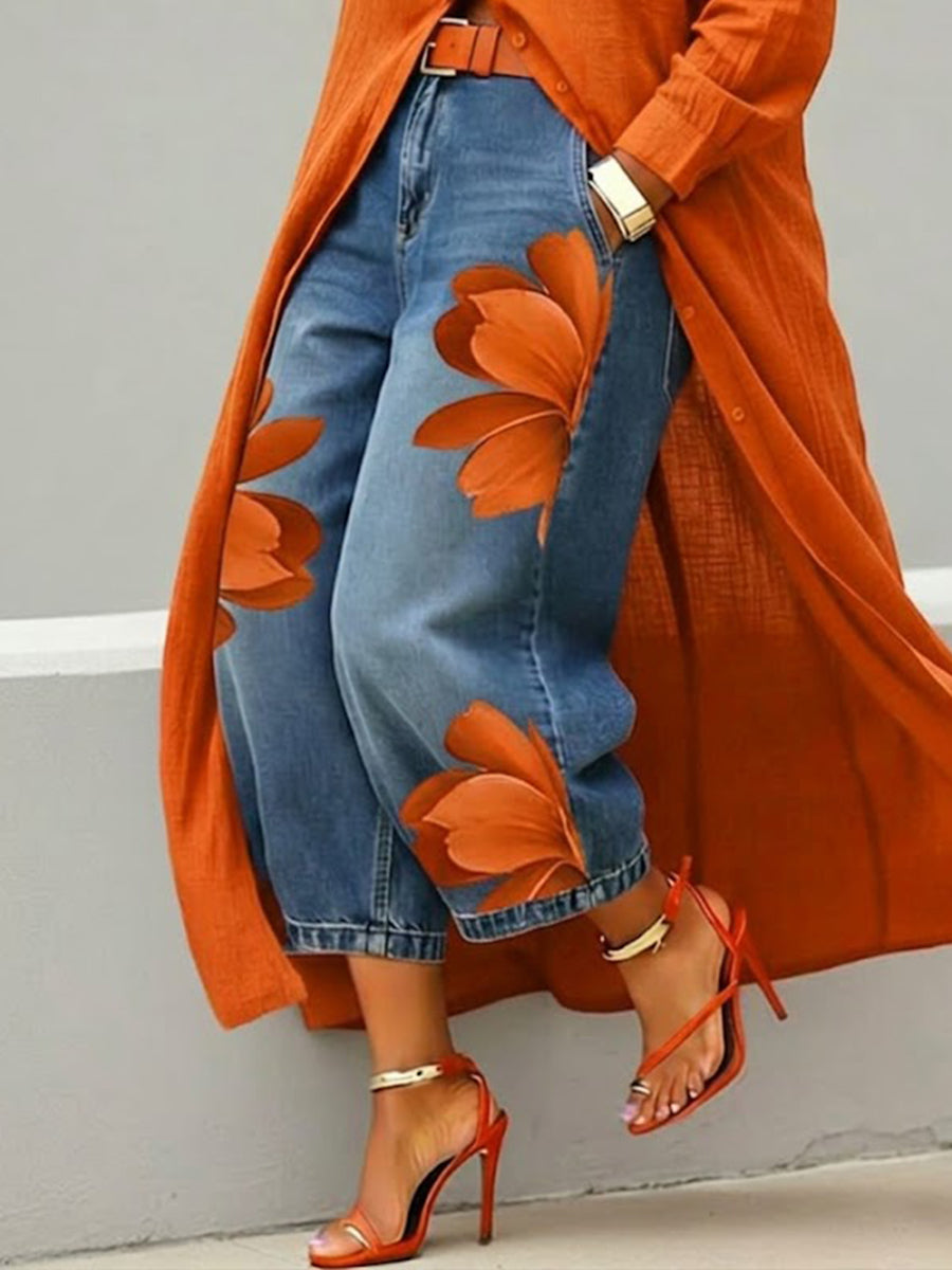 Women's Artistic Red Blossom Wide Leg Jeans