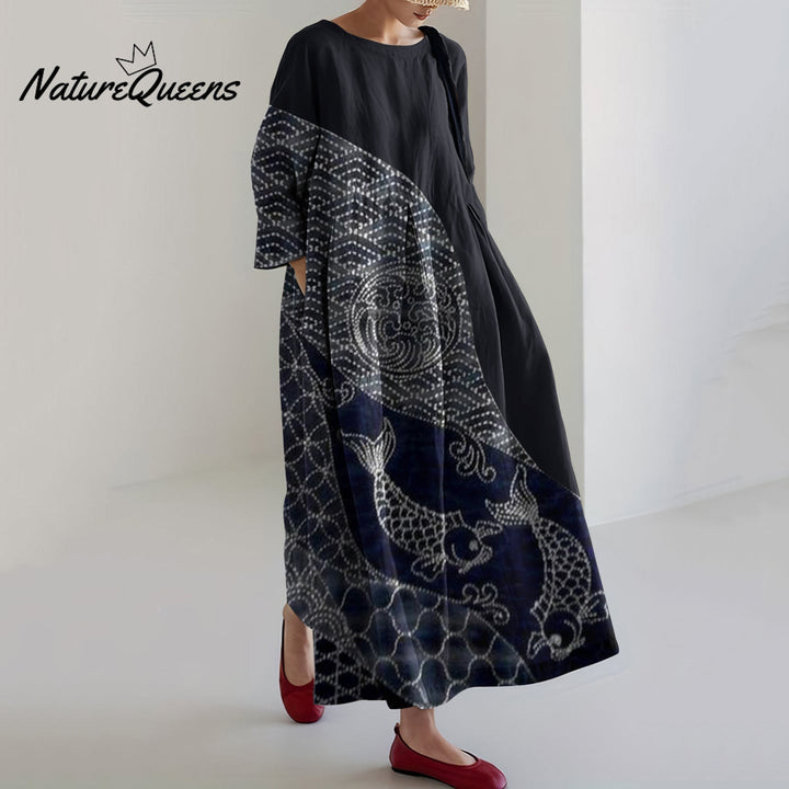 Vintage Japanese Traditional Koi Waves Patchwork Art Cropped Print Casual Midi Dress