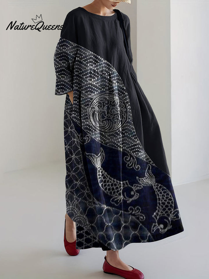 Vintage Japanese Traditional Koi Waves Patchwork Art Cropped Print Casual Midi Dress