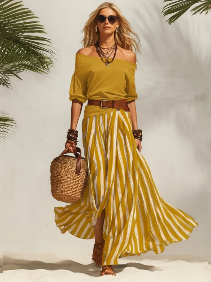 Nautical Vacation Style Navy Blue Off-the-shoulder Top And Navy Blue And White Striped Chiffon Slit Skirt Set