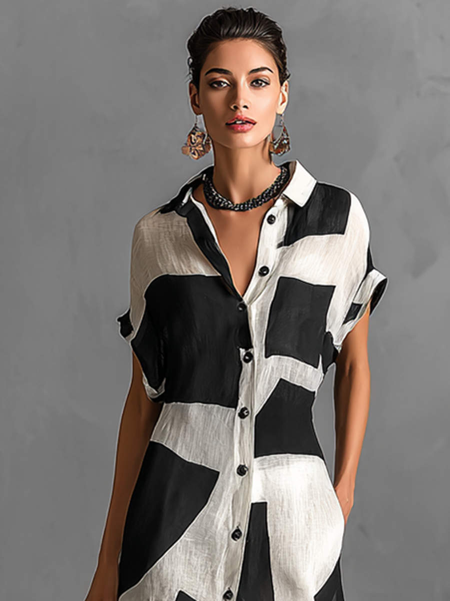 Women's Cotton And Linen Blend Geometric Black White Dress