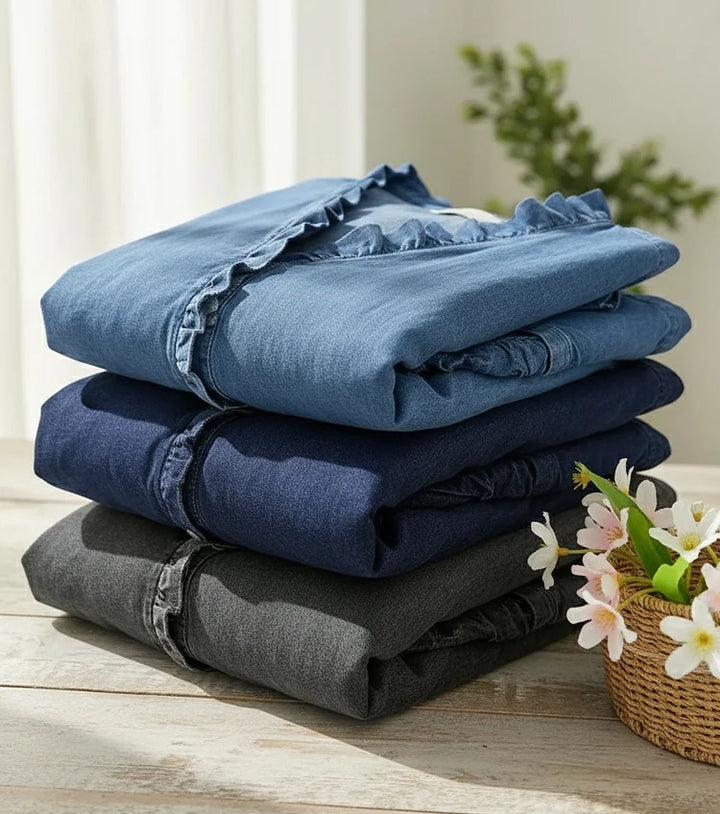 Women's Casual Denim V-Neck Ruffled Shirt