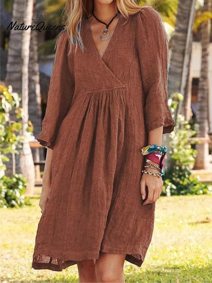 Women's Cotton and Linen Solid Color Seven-Quarter Sleeve Midi Dress
