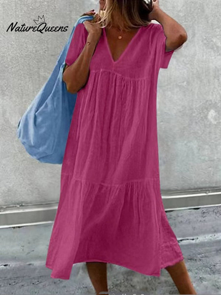 Women's V-Neck Short Sleeve Cotton And Linen Midi Dress