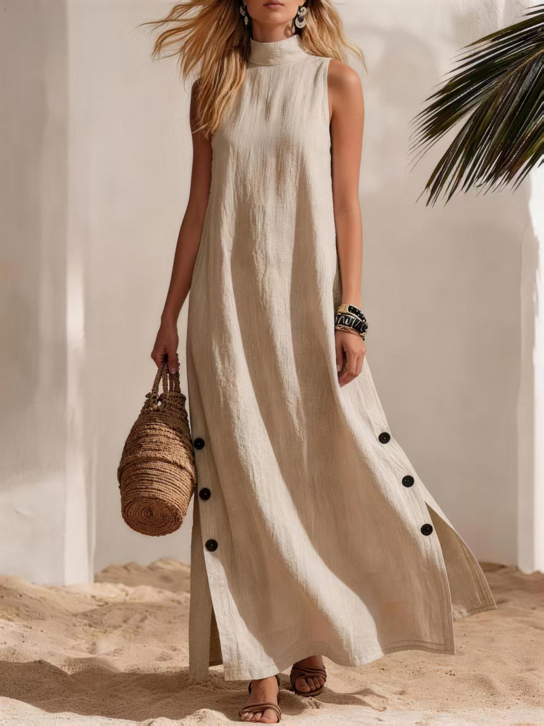 Minimalist Casual Vacation White Turtleneck Cotton Linen Button Sleeveless Maxi Dress