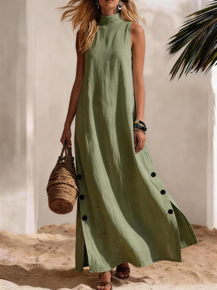 Minimalist Casual Vacation White Turtleneck Cotton Linen Button Sleeveless Maxi Dress