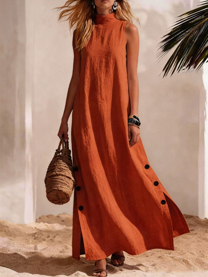 Minimalist Casual Vacation White Turtleneck Cotton Linen Button Sleeveless Maxi Dress