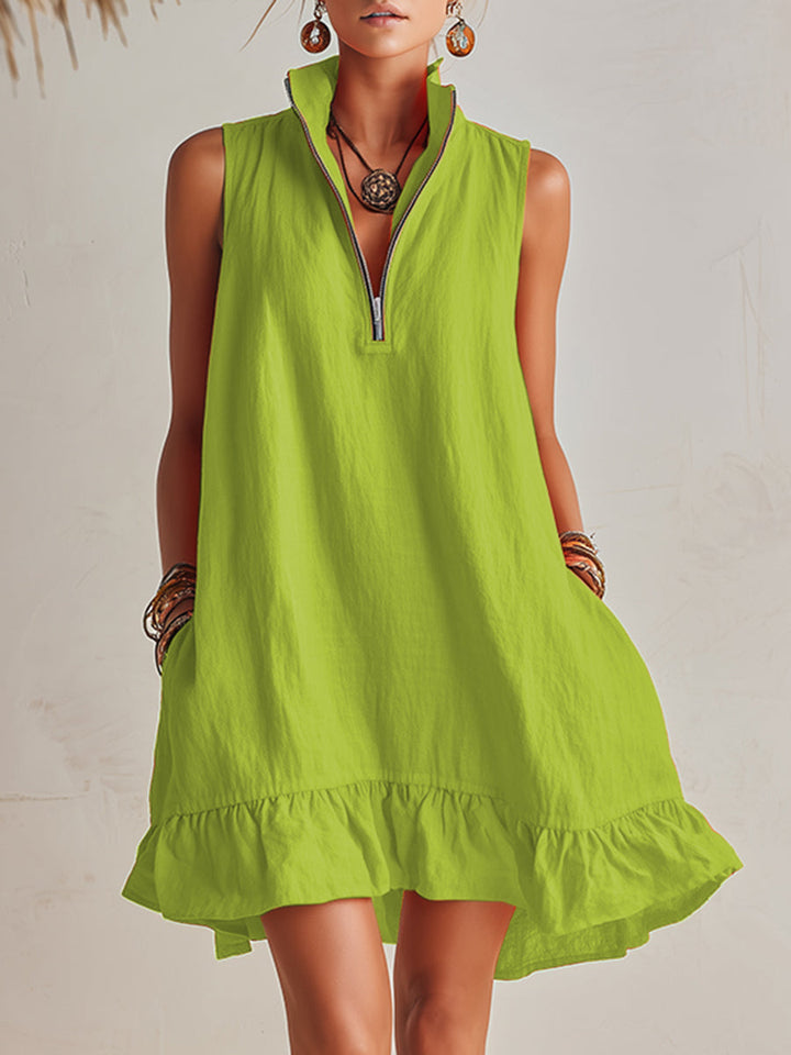 Vibrant Resort Orange Cotton Linen Half-Zip Stand Collar Ruffled Hem Mini Dress