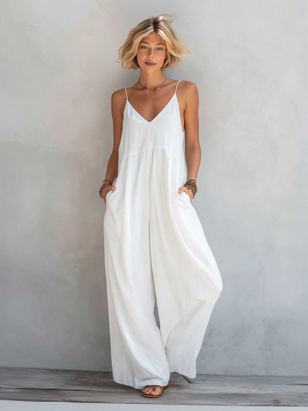 Women's Casual White Cotton-linen Blend Sleeveless Loose Jumpsuit