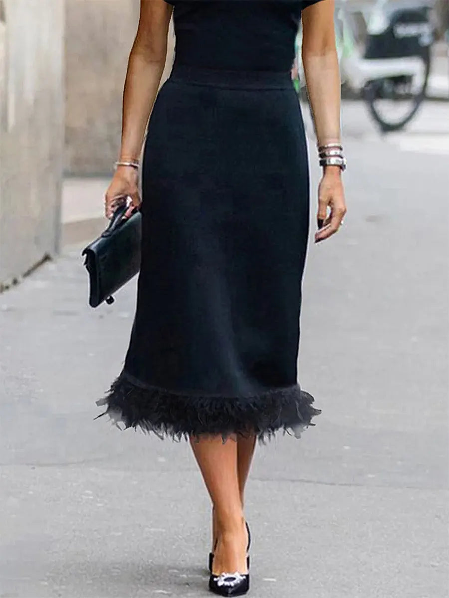 Women's Casual Elegant Crew Neck Feathered Hem Midi Dress